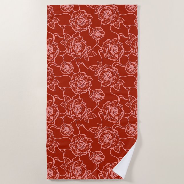 Whispers of Rose, Elegant Line Art Floral Pattern Beach Towel (Front)