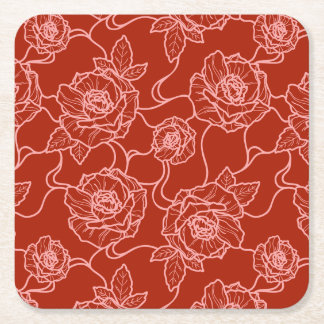 Whispers of Rose, Elegant Line Art Floral Pattern Square Paper Coaster