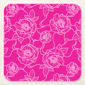Whispers of Rose, Elegant Line Art Floral Pattern Square Paper Coaster
