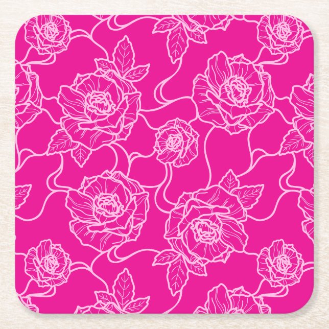 Whispers of Rose, Elegant Line Art Floral Pattern Square Paper Coaster (Front)