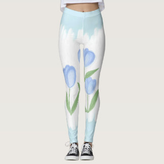 Whispers of Spring: Blue Tulips on Pastel Canvas Leggings