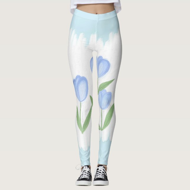 Whispers of Spring: Blue Tulips on Pastel Canvas Leggings (Front)