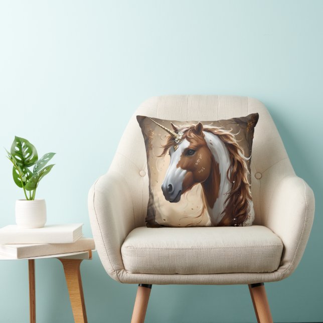 Whispers Of The Brown And White Fantasy Unicorn, Throw Pillow (Chair)