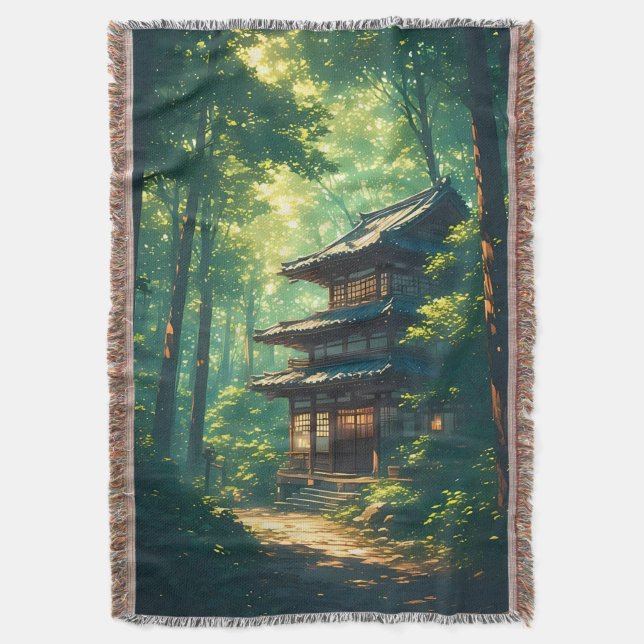 Whispers of the Forest: A Hidden Japanese Retreat Throw Blanket (Front Vertical)