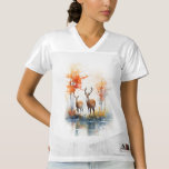 Whispers of the Wild: Autumn Deer" Women's Football Jersey<br><div class="desc">This stunning watercolor design captures a tranquil moment in nature, featuring a majestic stag and gentle doe standing gracefully amidst the soft glow of autumn trees. With fiery fall foliage and serene reflections by the water’s edge, the artwork evokes a sense of peace, freedom, and natural beauty. A perfect T-shirt...</div>
