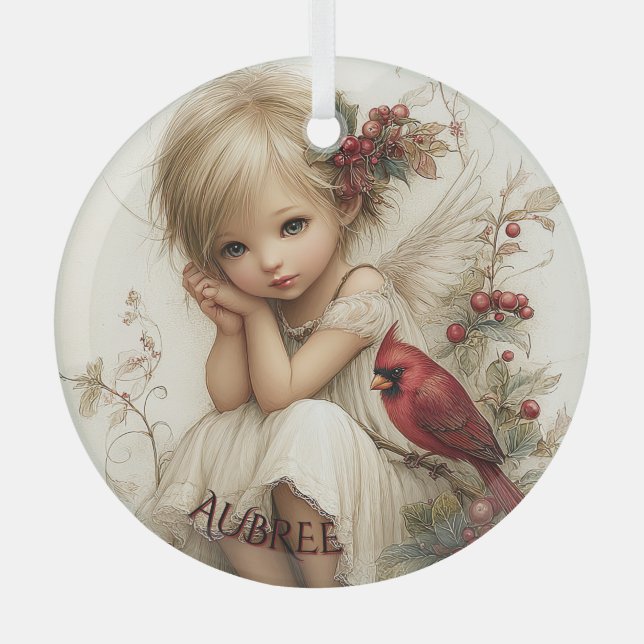 Whispers of Winter – Fairy Child with Cardinal  Glass Ornament (Front)