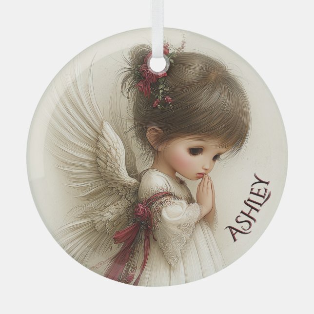 Whispers of Winter – Fairy Child with Cardinal  Glass Ornament (Front)