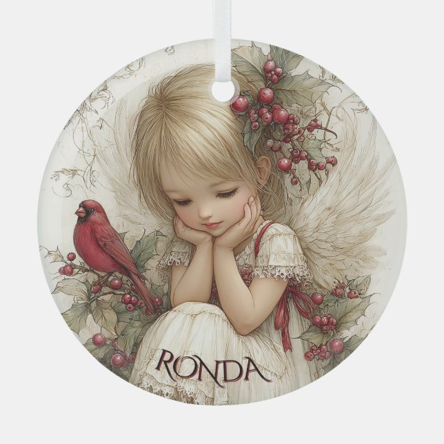 Whispers of Winter – Fairy Child with Cardinal  Glass Ornament (Front)