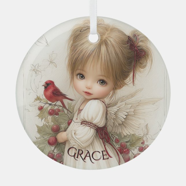 Whispers of Winter – Fairy Child with Cardinal  Glass Ornament (Front)