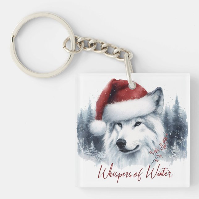 Whispers of Winter - Watercolor Wolf in Santa Hat Keychain (Front)