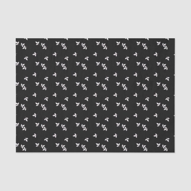 Whispy White on Black Leaves Tissue Paper (Front)