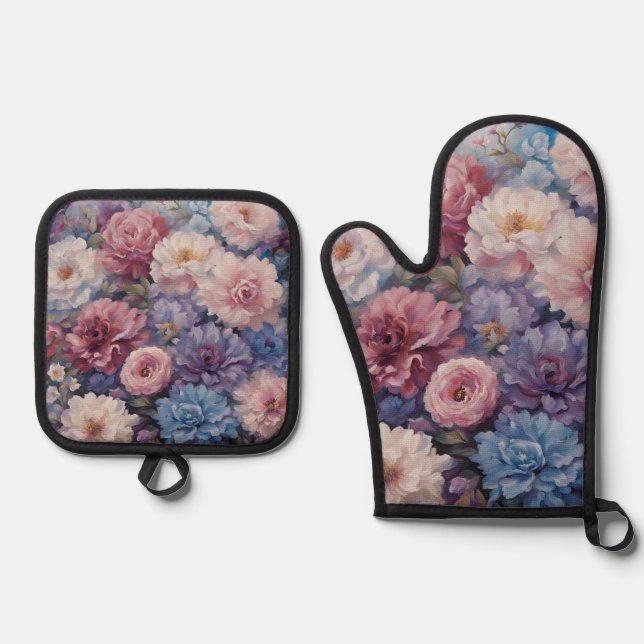 Whispy wildflower design oven mitt & pot holder set (Front)