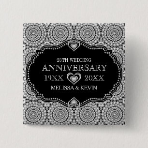 Whit Diamonds Glitter 25th Wedding Anniversary 2 Inch Square Button