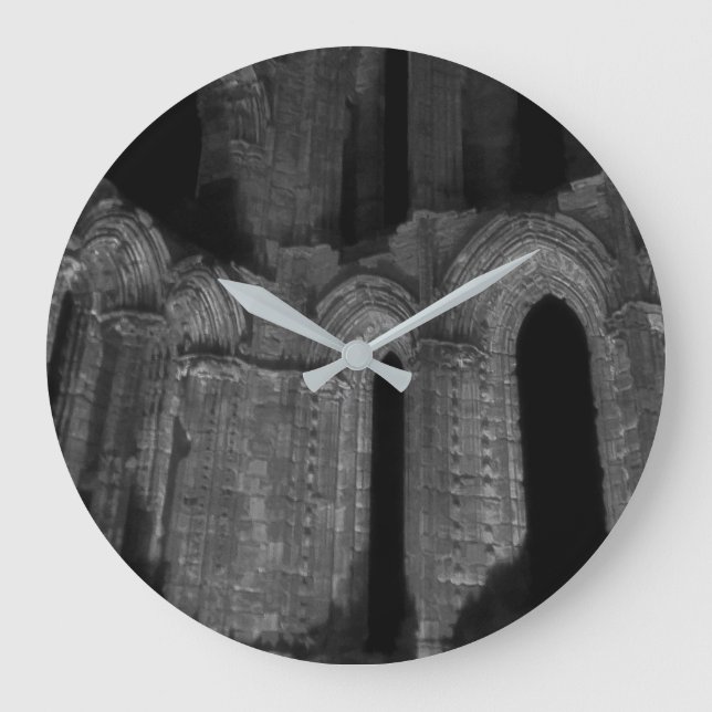 Whitby abbey Gothic arches old black & white Large Clock (Front)