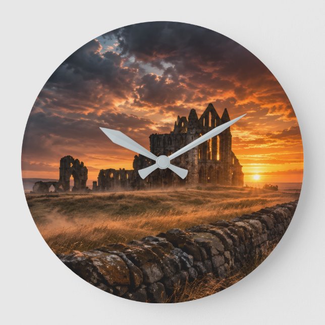 Whitby Abbey Gothic Sunset Round Wall Clock (Front)