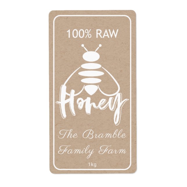 White 100% Raw Honey Bee Label On Kraft Apiary (Front)