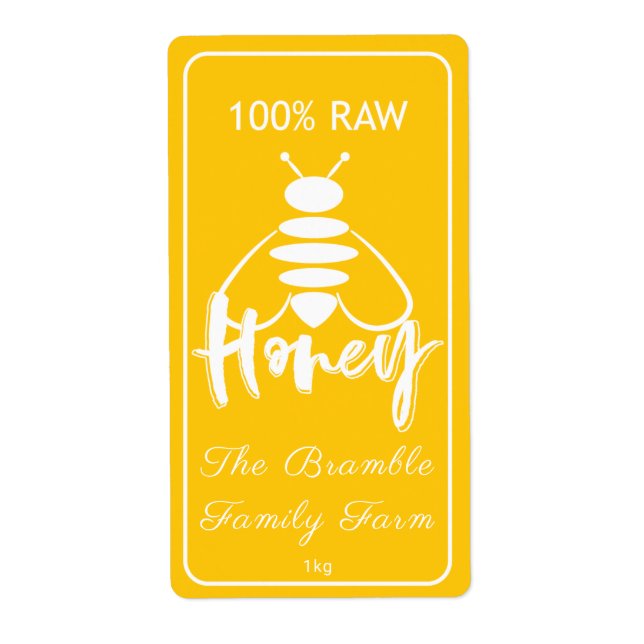 White 100% Raw Honey Bee Label On Yellow Apiary (Front)
