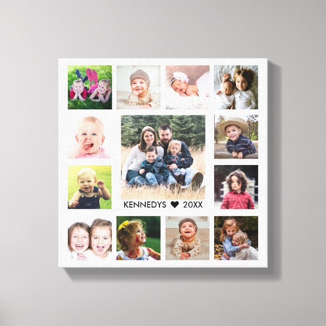 White 13 Photo Collage  Family Name Personalized Canvas Print (Front)