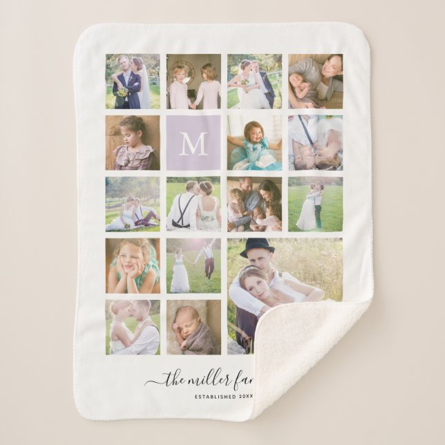 White 16 Photo Collage Monogram Name Calligraphy Sherpa Blanket (Front)
