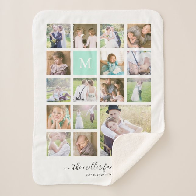White 16 Photo Collage Monogram Name Calligraphy Sherpa Blanket (Front)