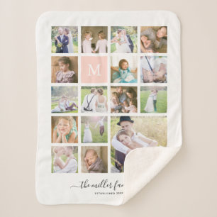 White 16 Photo Collage Monogram Name Calligraphy Sherpa Blanket