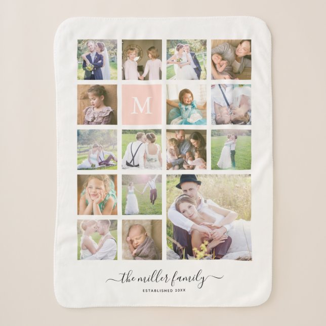 White 16 Photo Collage Monogram Name Calligraphy Sherpa Blanket (Front)