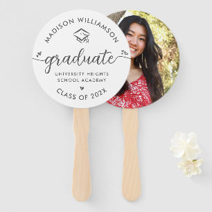 White 1 Photo Graduation Grey Script Hearts Cap Hand Fan