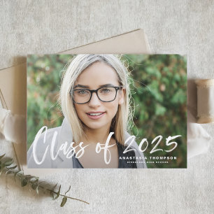 White 2025 Brush Lettering Photo Graduation Invitation