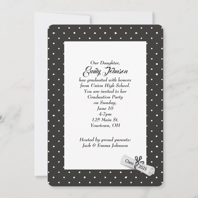 White 2025 Diploma on Polka Dot Pattern Invitation (Front)