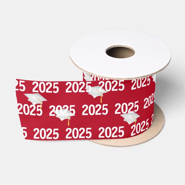 White 2025 Graduation Caps on Red Satin Ribbon (Spool)