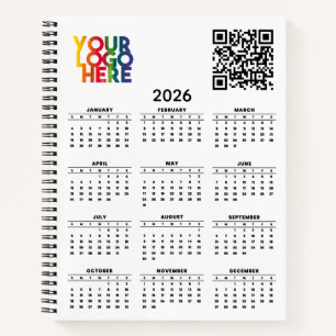 White 2026 Calendar Business Logo QR Code Notebook