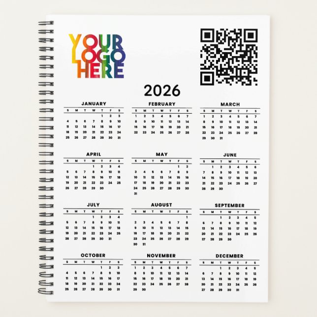 White 2026 Calendar Business Logo QR Code Planner (Front)