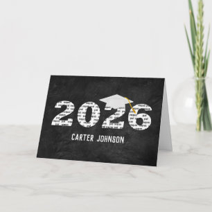 White 2026 Graduation Cap On Black Leather Card