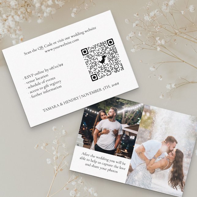 White 2 Photo Online RSVP QR Code Wedding Enclosure Card (Creator Uploaded)