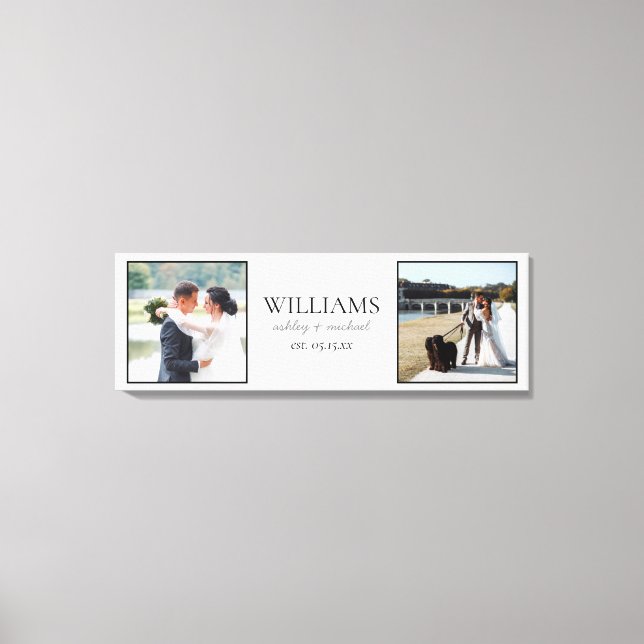 White 2 Photo Script Names Wedding Date Keepsake Canvas Print (Front)