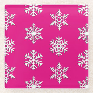 White 3-d snowflakes, Customizable Background Glass Coaster
