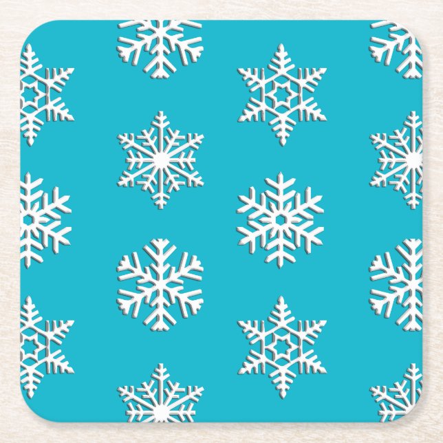 White 3-d snowflakes, Customizable Background Square Paper Coaster (Front)