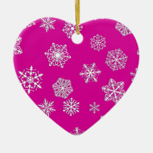White 3-d snowflakes on a fuchsia pink background ceramic ornament