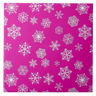 White 3-d snowflakes on a fuchsia pink background tile