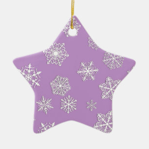 White 3-d snowflakes on a lilac background ceramic ornament