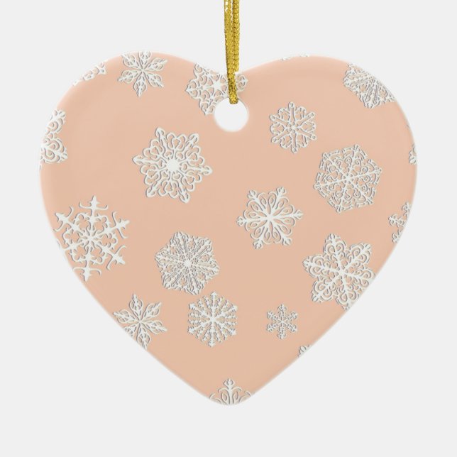 White 3-d snowflakes on a peach background ceramic ornament (Front)