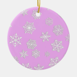 White 3-d snowflakes on an orchid background ceramic ornament
