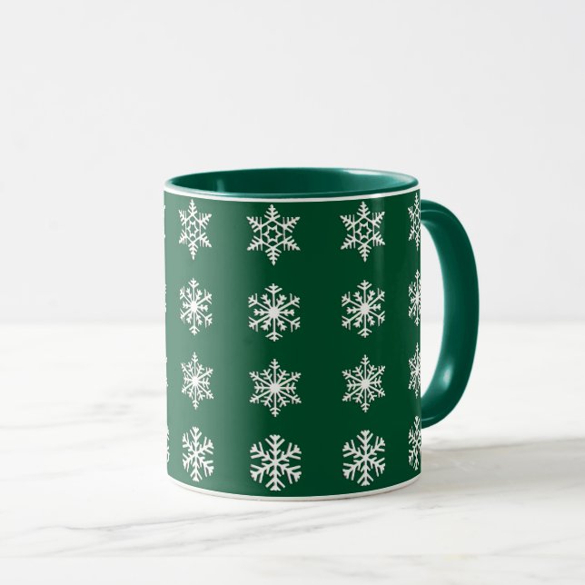 White 3-d snowflakes on Dark Emerald Green  Mug (Front Right)