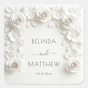 White 3D Floral Roses Wedding Square Sticker