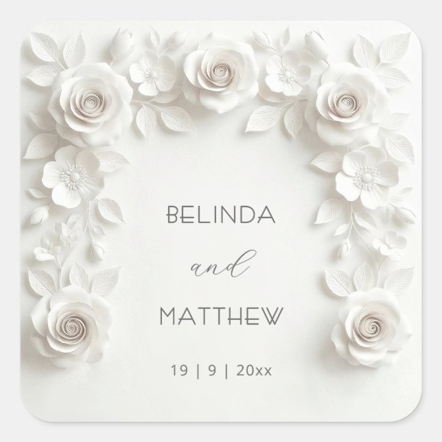 White 3D Floral Roses | Wedding Square Sticker (Front)