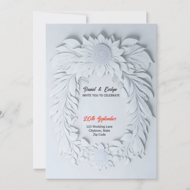 White 3d flower theme frame wedding invitation (Front)