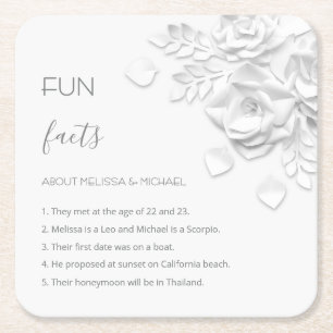 White 3D Flowers Roses Fun Facts Wedding Square Paper Coaster