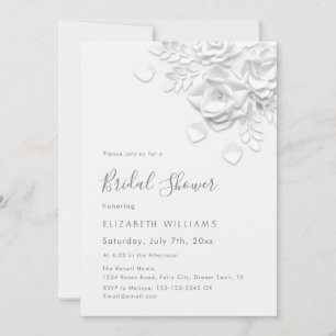 White 3D Flowers Roses Minimalist Bridal Shower Invitation
