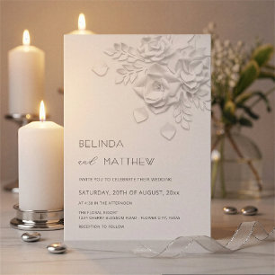 White 3D Flowers Roses Minimalist Wedding  Invitation