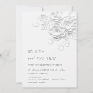 White 3D Flowers Roses Minimalist Wedding  Invitation